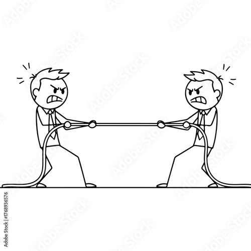 Two angry businessmen are in a tug of war, pulling a rope with all their might, symbolizing conflict and competition.