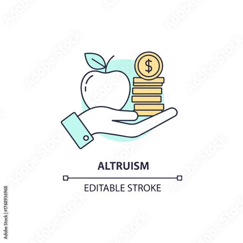 Altruism concept icon, hand offering apple and coins stack, kindness, charity, donation, financial support, sharing, help and generosity, editable stroke
