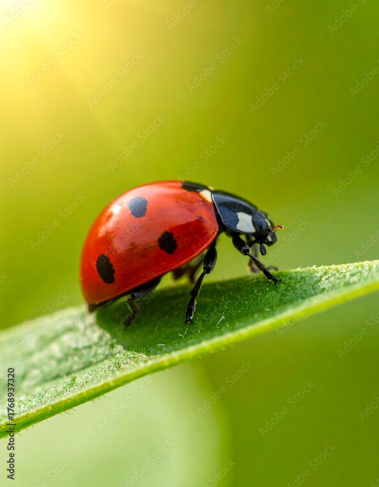 Fototapeta premium A macro shot of a ladybug on a vibrant green leaf