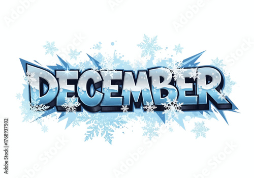 December winter month text in a cool icy graffiti font with snowflakes and frost.
