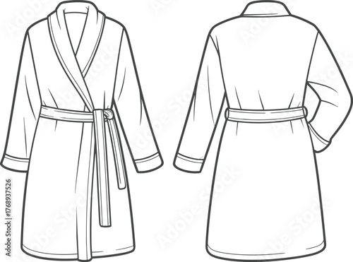 Bathrobe fashion sketch, technical garment drawing, robe template front back view, apparel design flat, clothing blueprint, shawl collar robe illustration