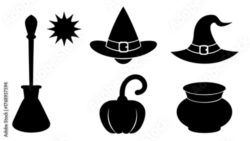 Halloween silhouettes featuring witch hats cauldron pumpkin and broomstick