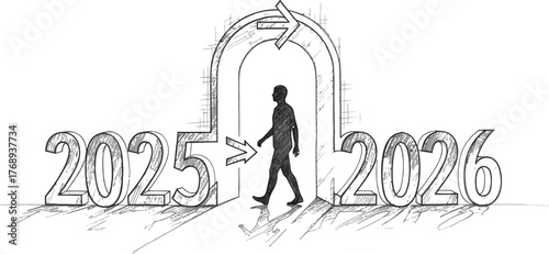 A sketch of a man walking through an archway from the year to the year representing a transition on transparent background