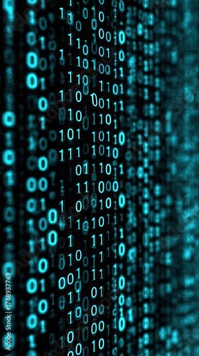 Binary code matrix glowing blue zeroes and ones in depth