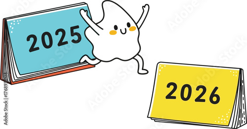 A cartoon ghost happily transitioning from the year of twenty twenty five to the year of twenty twenty six, clean vector art