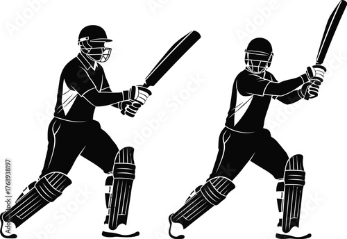 Two athletes in silhouette preparing to bat in a cricket match, showcasing action and sport.