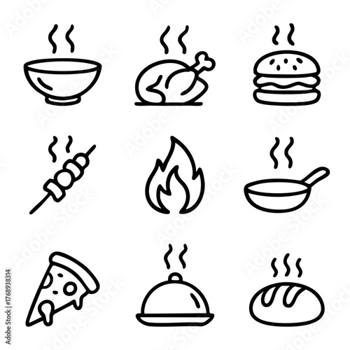 A set of doodle line icons representing hot food items like soup, chicken, pizza, bread, pan, and fire for cooking or serving