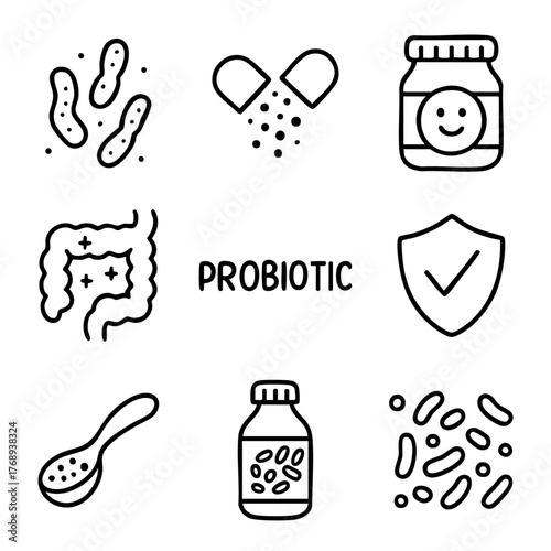 A set of doodle line icons showing probiotics, gut health, digestive support, beneficial bacteria, supplements, and immunity boost symbols