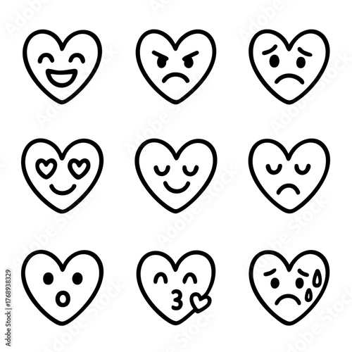 A set of doodle line icons featuring heart-shaped emojis expressing various emotions like love, sadness, anger, and happiness