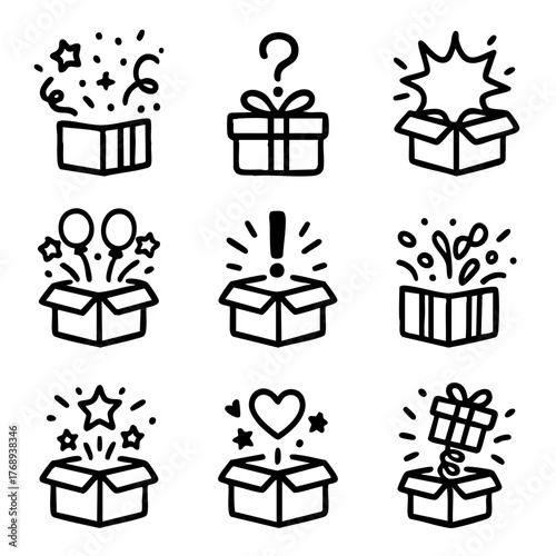 A set of doodle line icons showing surprise boxes, gifts, mystery packages, and exciting reveals with stars, balloons, and symbols