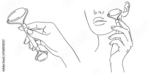 美容ローラー（ジェイドローラー）で顔をマッサージする女性の線画イラストセット,スキンケア,美容,セルフケア,ベクター