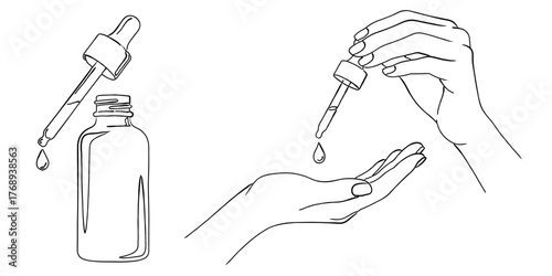 スポイトで美容液（またはオイル）を手に垂らす手の線画イラストセット,スキンケア,コスメ,ベクター