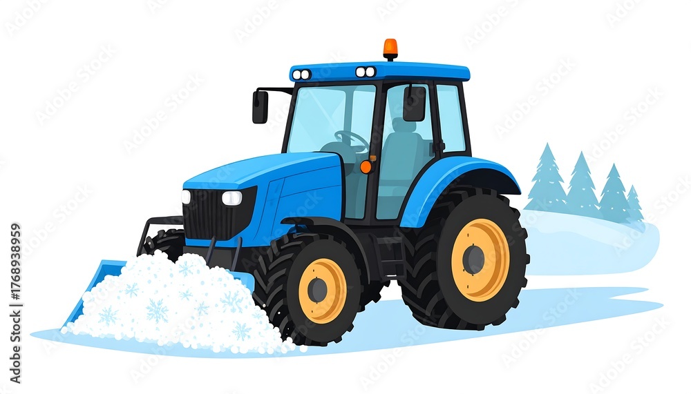 Naklejka premium Animated blue tractor clearing snow from a wintery road with snow piles