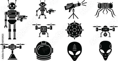 Futuristic technology icons including robots, drones, aliens, and space helmet