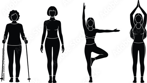 Silhouettes of women engaged in various fitness activities, from Nordic walking to yoga.
