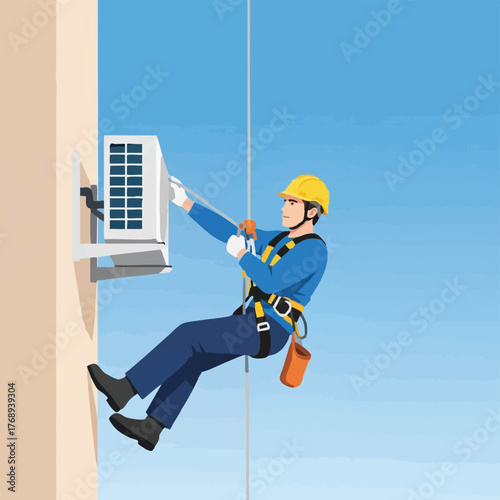A skilled technician, secured by safety gear, repairs an air conditioning unit mounted on a building's exterior, ensuring optimal performance.