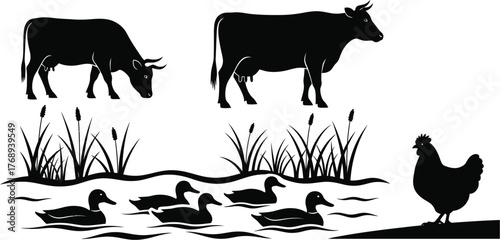 Farm animals and ducks gather near a pond with reeds and cattails