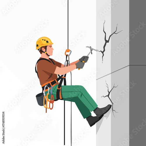 A construction worker in safety gear rappels down a wall, using a hammer to inspect and repair cracks in the building's surface.