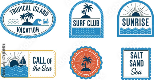 Nautical emblems and badges featuring beach, sun, and surf themes.