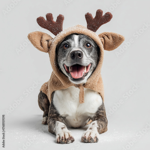 Dog wearing reindeer headband smiling happily