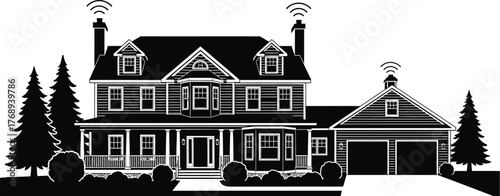 Modern smart home with wireless internet connectivity symbolized by Wi-Fi signals