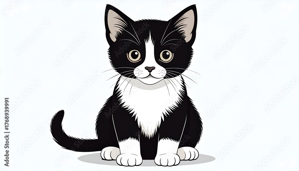 Fototapeta premium Adorable cartoon kitten with a black and white coat, sitting upright