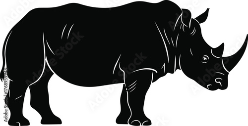 Black and white rhinoceros silhouette illustration, wild animal profile vector, endangered species artwork, wildlife conservation design, strong horned mammal drawing