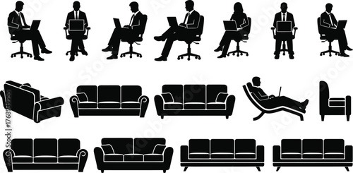 Silhouettes of people working on laptops in office chairs and relaxing on sofas, illustrating modern work and leisure.