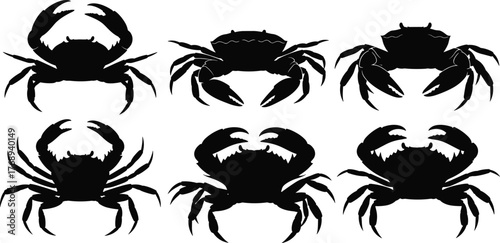 Crab silhouettes vector illustration, marine animal design, seafood symbol, ocean wildlife artwork, coastal creature icon, fishing industry graphic, cad drawing flat vector illustration