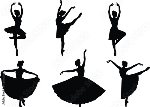Graceful ballet dancers in silhouette performing elegant poses on a white background