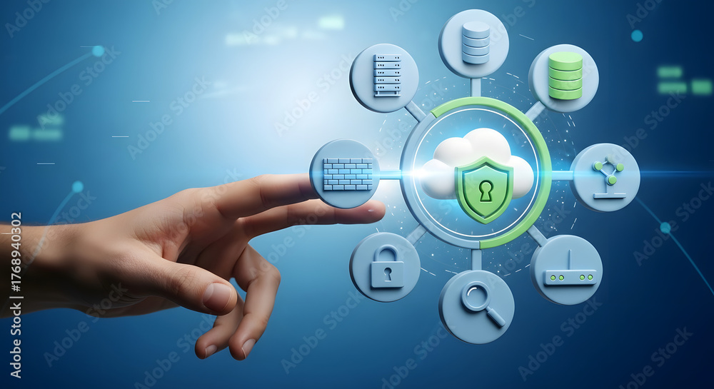 Fototapeta premium Cloud Security Concept with Digital Lock and Network Icons