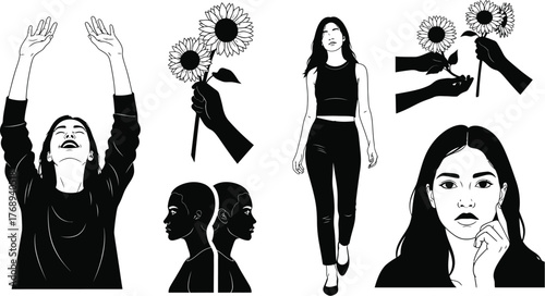 Modern minimalist illustration of a woman with sunflowers, representing beauty and growth.