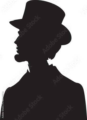 An 1800s era silhouette of a Russian male wearing a suit and fedora hat, portraying historical fashion.