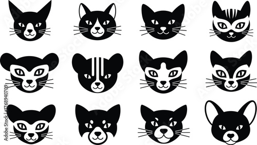 Collection of diverse stylized cat faces in black and white graphic art
