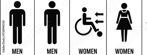 Clear signage for public restrooms indicating facilities for men, women, and individuals with disabilities.