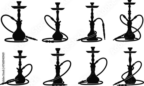 Hookah silhouettes, shisha icons, water pipe vector, smoking culture, traditional design, Arabic style, lounge illustration, cad drawing flat vector illustration