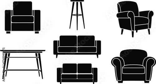 Collection of classic black furniture silhouettes including sofas, armchairs, a bar stool, and a table.