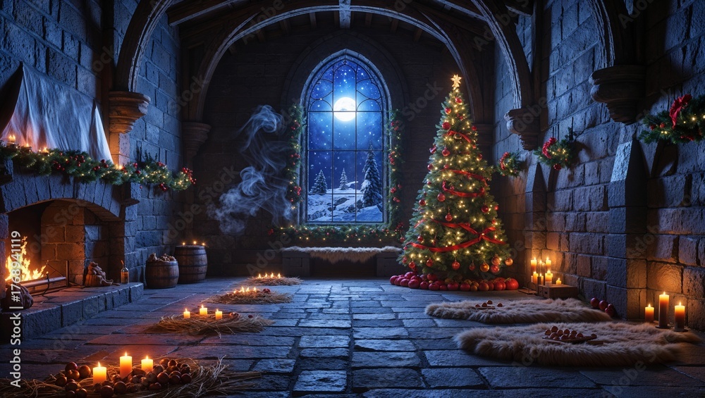 Fototapeta premium Christmas Tree in a Stone Hall by the Fireplace