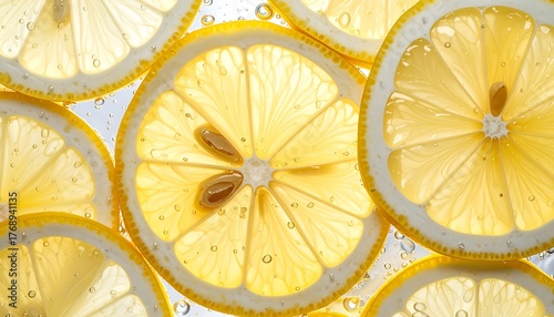 Bright, close-up shot of translucent yellow citrus slices