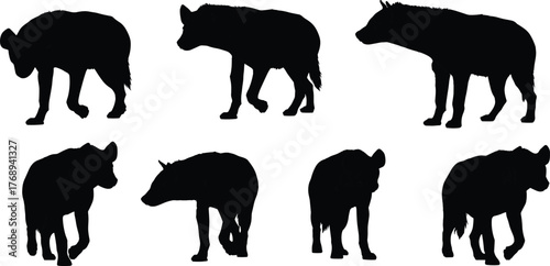 PrintHyena silhouettes, wild animal, wildlife vector, walking hyena, standing pose, African predator, nature sketch, cad drawing flat vector illustration