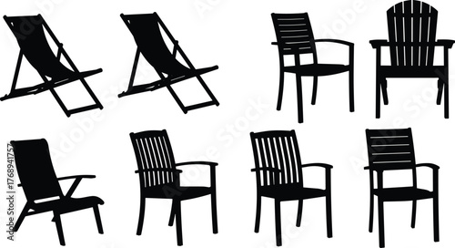 Modern chair silhouette collection, furniture design vector set, stylish outdoor and indoor seating illustration, minimalist black shape artwork, CAD drawing flat vector illustration