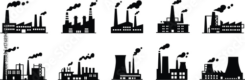 Industrial factory silhouettes with smoke stacks, pollution concept, manufacturing plants, energy production, heavy industry skyline, black industrial building icons, environment