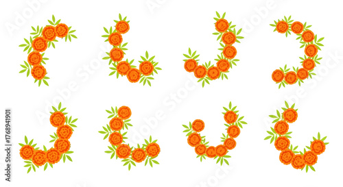 Floral arrangements of orange marigolds forming curved shapes and letters