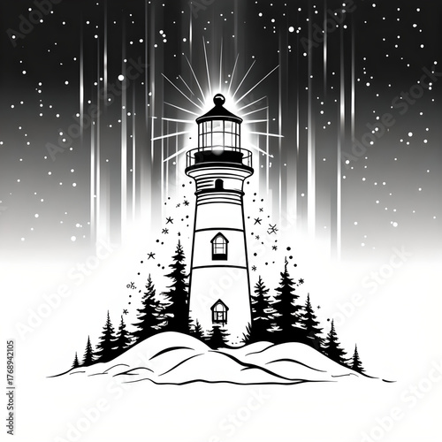 Guiding Light in the Cosmos: A stark silhouette of a lighthouse stands sentinel amidst a starlit night, its beam cutting through the darkness, casting an aura of hope and direction.