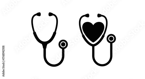 Simple black and white illustration depicting a stethoscope and heart symbol
