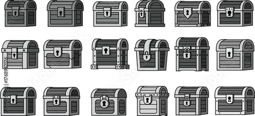 Treasure chest illustrations, antique box, pirate loot, vintage storage, locked container, fantasy design, game asset, cad drawing flat vector illustration
