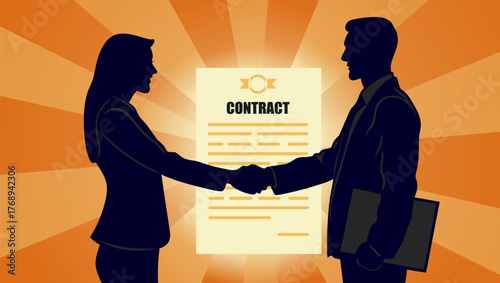 Vector illustration of Successful business agreement between two professionals shaking hands over a contract