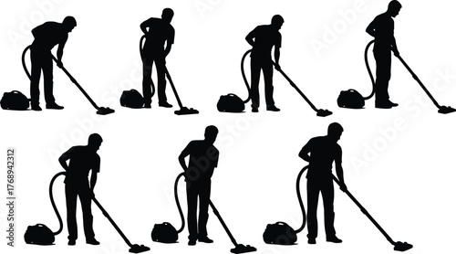 Vacuum cleaner silhouettes vector illustration, person cleaning floor, housework activity, janitor worker, domestic chore, hygiene concept, cad drawing flat vector illustration