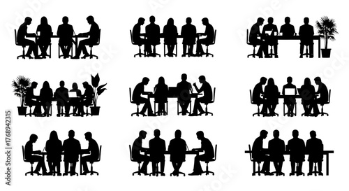Silhouettes of people seated around tables in various meeting arrangements
