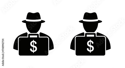 Two mysterious figures with briefcases concealing dollar signs depicted in black